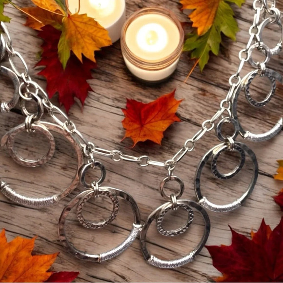 Wrapped Metal Layered Circles Statement Necklace - Boho Vintage Silver-Tone - Picture 3 of 7